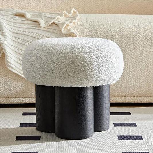 Mushroom Foot Stool, Round Teddy Fabric Ottoman with Non-Skid Legs, Small Footrest for Under Desk, Sofa Couch, Shoe Changing at Entrance, Living Room Bedroom Office (White & Black)