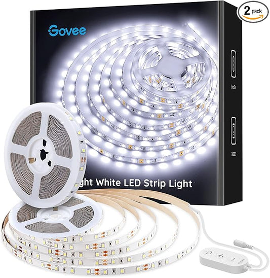 Govee 32.8ft White LED Strip Lights, 6500K Dimmable LED Light Strip with Control Box, Bright 600 LEDs, Daylight White Lights for Mirror, Under Cabinet, Living Room, Study, Wardrobe, 2 Rolls of 16.4ft