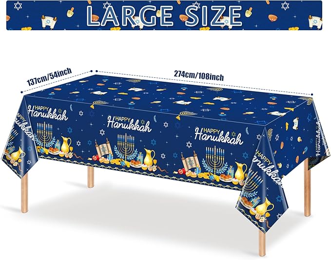 6 Pack Happy Hanukkah Plastic Jewish Tablecloth, Rectangular 58x104 Inch - Chanukah Festival Cover & Backdrop for Hanukkah Party Supplies