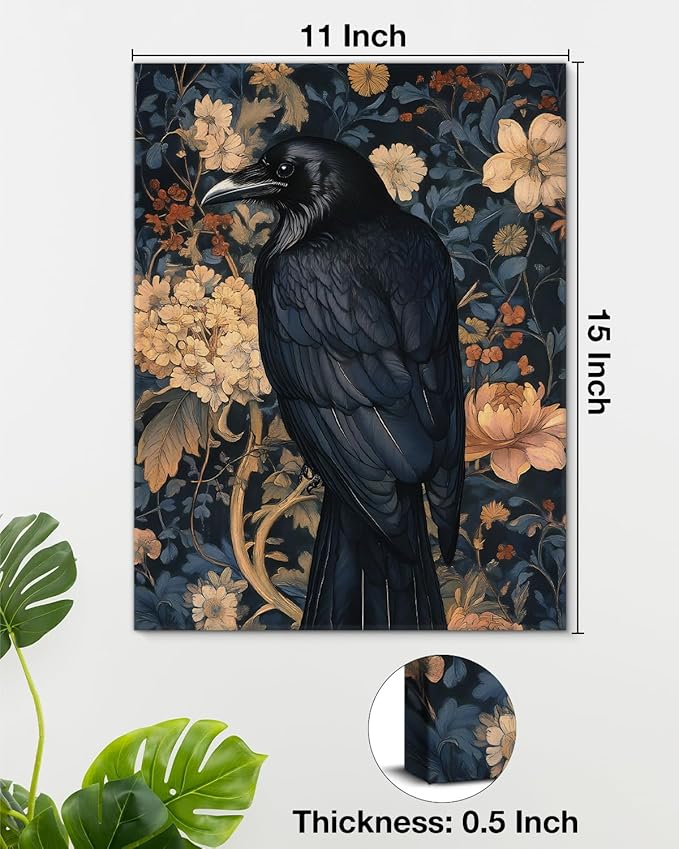 Aesthetic Raven Floral Wall Art Decor Vintage Raven Cottagecore Canvas Print Poster Dark Academia Framed Painting Wall Decoration for Home Farmhouse Living Room Bedroom 11x15 Inch