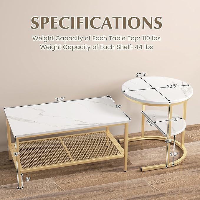 GOFLAME Nesting Coffee Table Set of 2, 2 PCS Nesting Tables with Faux Marble Top and Extra Storage Shelf, Modern Round End Table & Rectangular Coffee Tables for Living Room, Bedroom, Gold+White