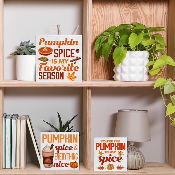 3 Pcs Fall Wood Signs Decor Pumpkin Spice Wood Block Signs Farmhouse Autumn Pumpkin Spice Wooden Box Signs Home Decorations for Kitchen Tiered Tray Desk Table Shelf
