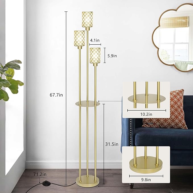 Gold Floor Lamps for Living Room, Standing Floor Lamp with Shelves, Tall Lamp with Table, Modern Mid Century Floor Lamp with E26 Base, Coner Crystal Floor Light for Bedroom (Without Bulb)