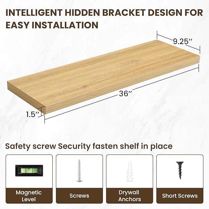 36 Inch Floating Shelves, 12 Inch Deep Floating Shelves for Wall, Floating Shelf with Invisible Brackets, Deep Shelves for Bathroom, Bedroom, Living Room, 2 Pack, Natural