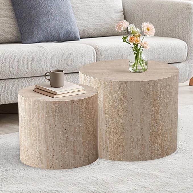 Round Drum Coffee Table Travertine Nesting Coffee Table Set of 2 for Living Room Modern Luxury Wood Side Tables Stacking Accent End Table for Apartment,Travertine