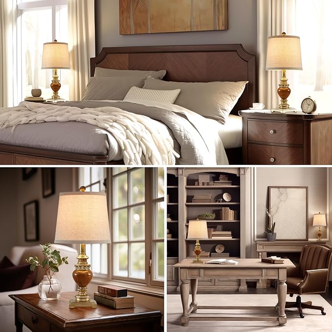 21'' Small Table Lamps for Bedroom Set of 2 Rustic Farmhouse Bedside Nightstand Lamps Traditional Side Table Lamps for Living Room Kids Home Office, Wooden Finish, Gold, Bulbs Not Include