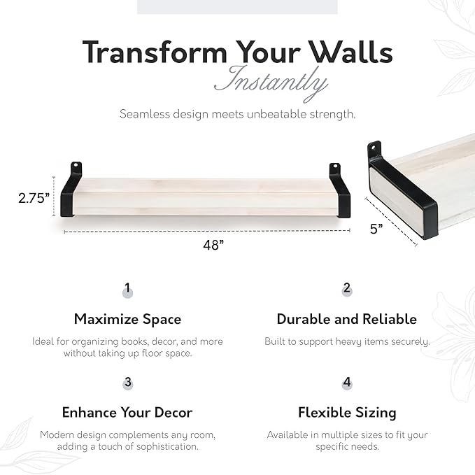 InPlace Wall Mounted Floating Shelf, Real Wood Industrial Bracket Ledge, 5" D x 48" W x 2.75" H, Distressed White, Heavy-Duty for Living Room, Bathroom, Kitchen, Office 9602118E