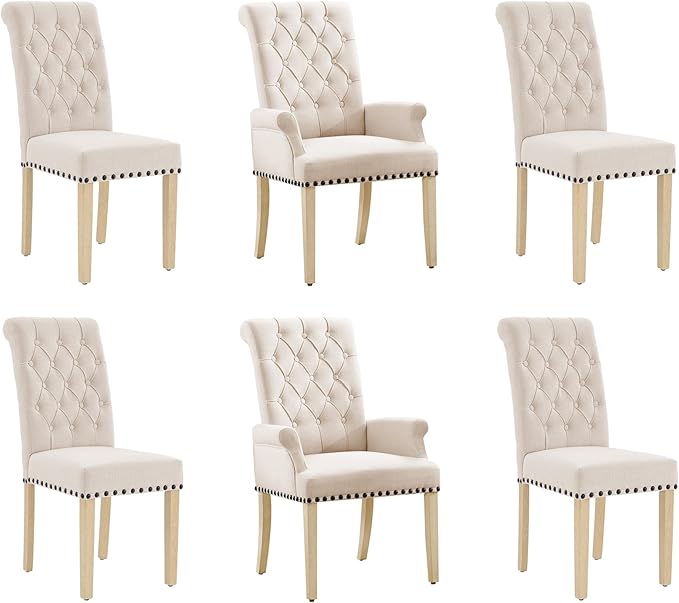 AODCHR Upholstered Fabric Accent Dining Chair Set of 6, Elegant Tufted Dining Room Chair, Kitchen Room 2 Arm Chair with 4 Armless Chairs, Beige