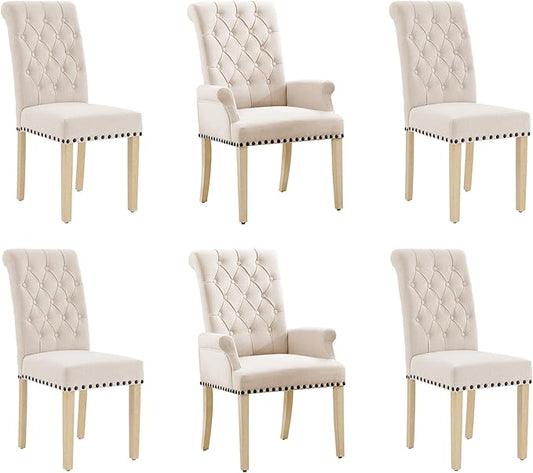 AODCHR Upholstered Fabric Accent Dining Chair Set of 6, Elegant Tufted Dining Room Chair, Kitchen Room 2 Arm Chair with 4 Armless Chairs, Beige