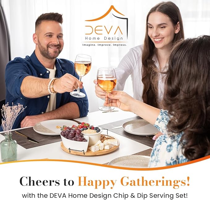 Chip & Dip Serving Set | Appetizer Set With Rotating Bamboo Lazy Susan Tray| White Ceramic Bowls With Bamboo Lids | Black Handle Tray | 11.22” Round Party Platter | Giftable