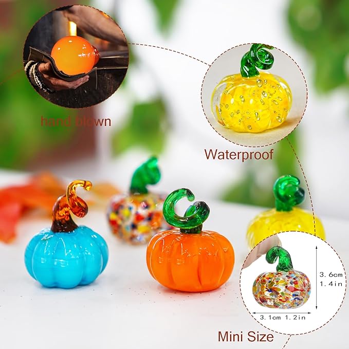 H&D HYALINE & DORA 4pcs Blown Glass Pumpkin Figurines Table Accent for Fall & Harvest, Mini Crystal Halloween Pumpkin Fall Decorations for Home Thanksgiving