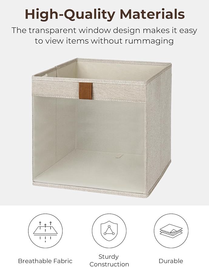 StorageWorks 11x11 Storage Cubes, Closet Storage Bins with Clear Window, Fabric Organizer for Clothes, Collapsible Storage Baskets with PU Handles, Brown and Beige, 3-Pack
