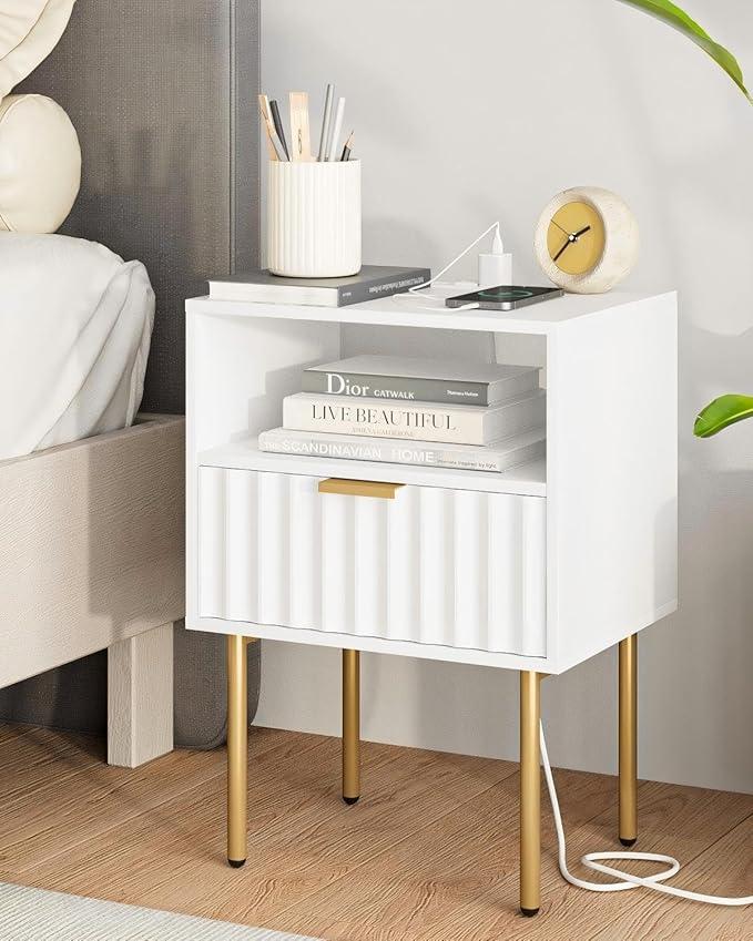 Masupu Nightstand with Charging Station,Mid-Century Modern Bedside Table with Storage Drawer and Open Wood Shelf,Small Gold Frame Side Table for Bedroom,Living Room (White Fluted)