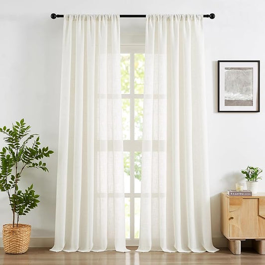 Treatmentex Flax Blend Linen Semi Sheer Curtains 52 x 45 White Light Filtering Privacy Curtains for Small Windows Rod Pocket, 2 Panels
