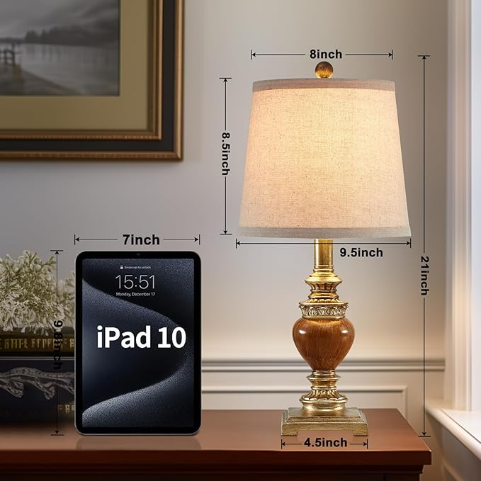 21'' Small Table Lamps for Bedroom Set of 2 Rustic Farmhouse Bedside Nightstand Lamps Traditional Side Table Lamps for Living Room Kids Home Office, Wooden Finish, Gold, Bulbs Not Include