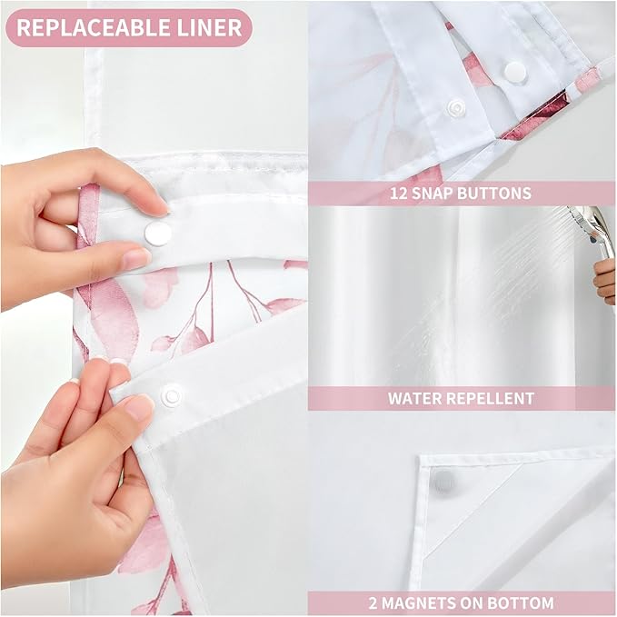 QiyI No Hook Shower Curtain with Snap in Fabric Liner, Pink Eucalyptus Shower Curtain with See Through Top Window, Waterproof Washable Cloth Ringless Shower Curtain Set for Bathroom, 72 x 75