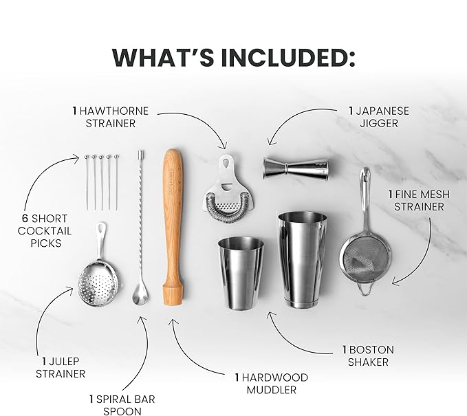 A Bar Above 14-Piece Matte Black Bartender Kit, Modern Bar Tool Set for Home Mixologists and Pros, Includes Black Stainless Steel Cocktail Shaker, Jigger, Strainers, Spoon, Picks, and Bar Accessories