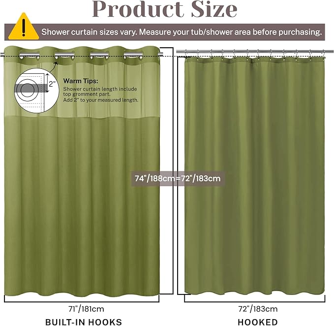 No Hook Slub Textured Shower Curtain with Snap in Liner - Olive Fabric Outer Curtain & Waterproof Inner Liner, Hotel Style with See Through Top Window, 71x74 in