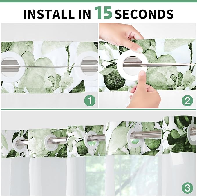 QiyI No Hook Shower Curtain with Snap in Fabric Liner, Olive Green Eucalyptus Shower Curtain with See Through Top Window, Waterproof Washable Cloth Ringless Shower Curtain Set for Bathroom, 72 x 75