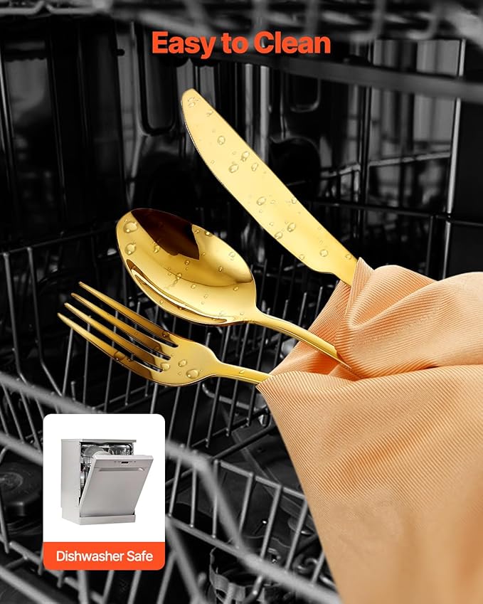 VEVOR 60-Piece Gold Silverware Set, Food-Grade Stainless Steel Flatware Utensils for 12, Mirror Finished Cutlery Set, Dishwasher Safe Eating Tableware for Kitchen Home, Include Knife Fork Spoon