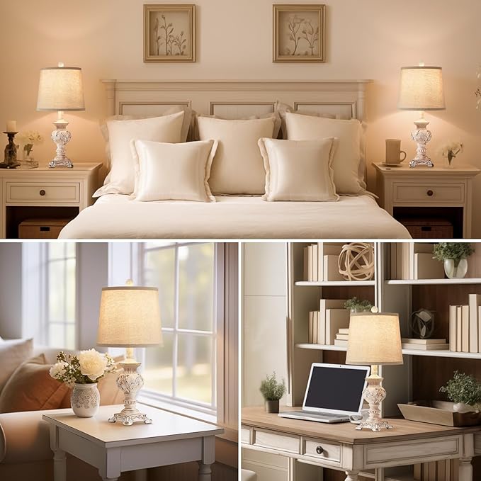 21'' Small Table Lamps for Bedroom Bedside Lamps Set of 2 Farmhouse Nightstand Lamps with Carved Floral Vintage Side Table Lamps for Living Room Kids Office, White, Bulb Not Include