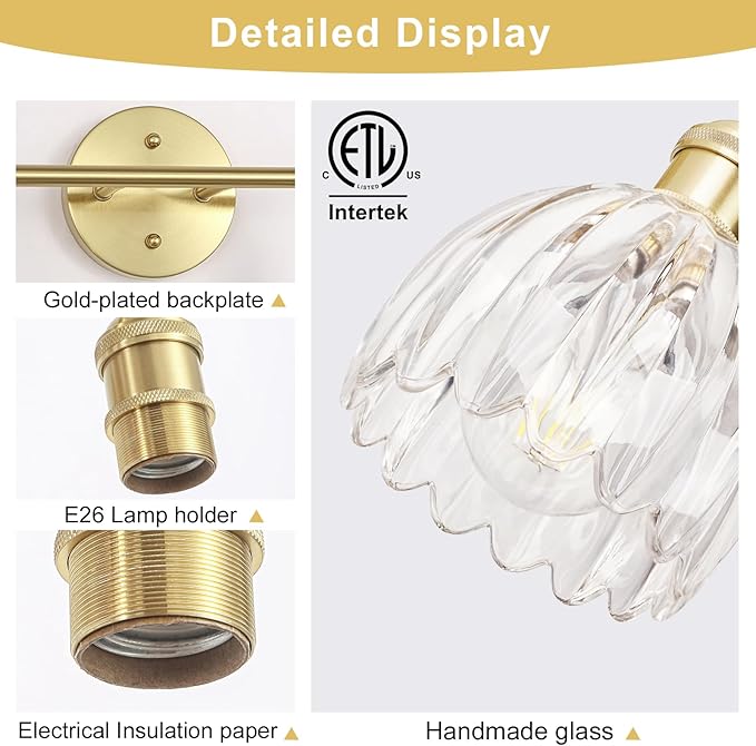 Vintage Bathroom Light Fixtures,2-Light Hardwired Vanity Lights Over Mirror,Gold Wall Sconces with Clear Tulip Glass Shade for Bathroom Living Room,E26 Socket(Bulbs Not Included)