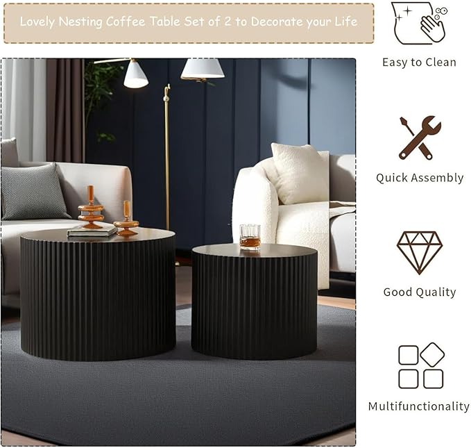 Modern Round Nesting Coffee Table Set of 2, Vertical Stripe Design Drum Coffee Table Cocktail Table, Round Side Table for Living Room, Bedroom, Office, Balcony (D15.0+18.9")