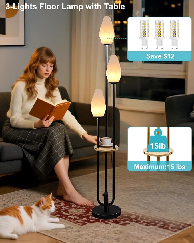 Lightdot Black Floor Lamp with Tray, 3-Lights Dimmable Floor Lamps with Rock-Shaped Shade, Unique Candle Holder Style Modern Tall Lamp for Living Room/Party(Bulbs Included)