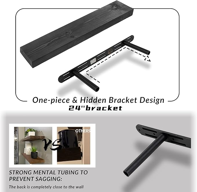 Rustic Floating Shelves 24 inch Long 8 inch deep Set of 2, Solid Wood Wall Shelves for Bedroom Living Room Kitchen, Wall Mounted Shelves with Hidden Bracket- Black