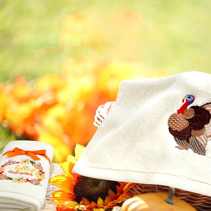 Fancy Land 2 Pcs Fall Thanksgiving Hand Towels Embroidered Vintage Turkey Pumpkin Bathroom Kitchen Towels Thanksgiving Gifts Decor 13.8 x 29.5 Inches