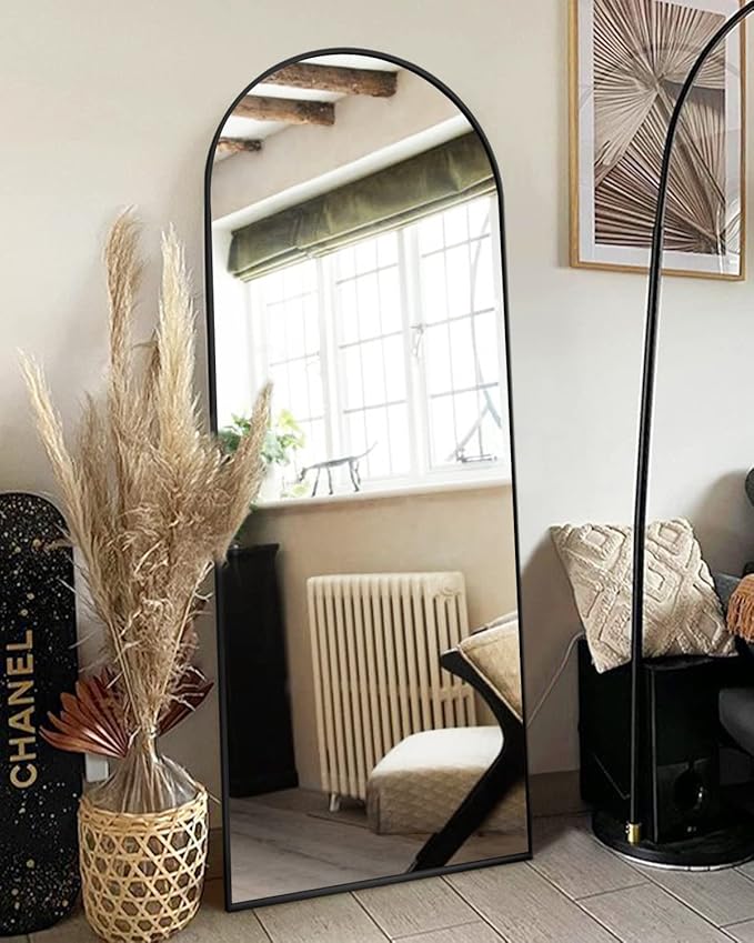 Floor Mirror, Full Length Mirror with Stand, Arched Wall Mirror Full Length, Black Floor Mirror Freestanding, Wall Mounted for Bedroom Living Room, Black