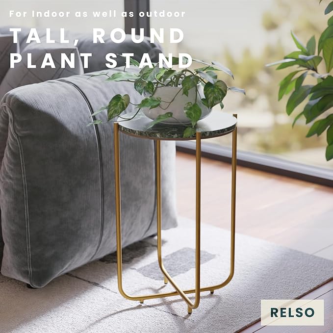 Relso Urdhva End Table – 24" Tall Round Side Table with Real Green Marble Top & Gold Metal Frame | Luxury Accent Table or Plant Stand for Living Rooms, Modern Homes, & Small Spaces