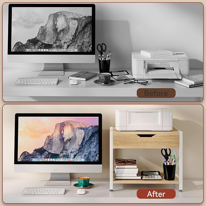 IBUYKE 2 Tier Desktop Printer Stand,Multi-Purpose Desk Organizer,Wooden Printer Stand with Drawer Storage for Folders,Books,for Fax Machine, Scanner,Home Office,Light Wood TLJ012R