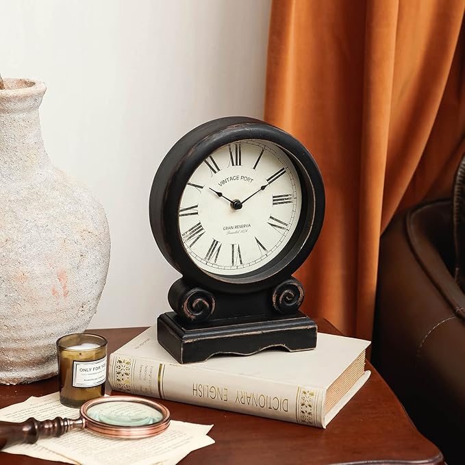 NIKKY HOME Mantel Clock, Retro Desk Clock Silent-Non-Ticking Battery Operated Wooden Mantel Clock for Living Room, Bedroom, Shelf Decoration, Fireplace, Farmhouse Decor