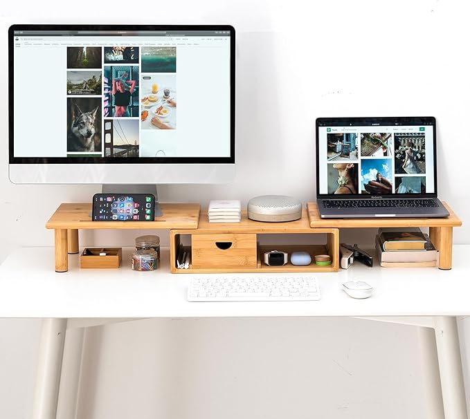 Dual Monitor Stand Riser with Drawer for Desk Laptop Desk Shelf with Adjustable Length and Angle, Bamboo Computer Stand Riser for 2 or 3 Monitors Screen Laptop PC TV -Natural