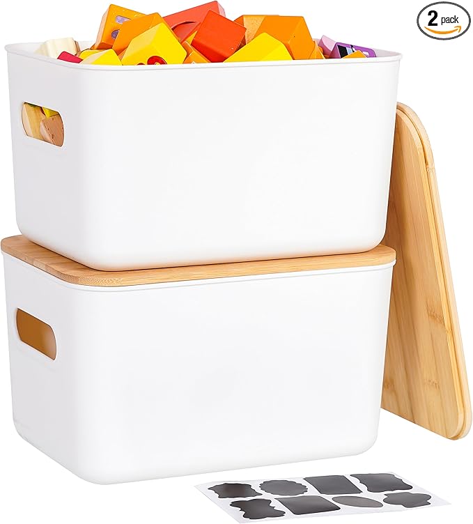 Citylife 2 PCS Storage Bins with Bamboo Lids Plastic Storage Containers for Organizing Stackable Storage Box with Handle, 10.23 x 7.08 x 6.3 inch
