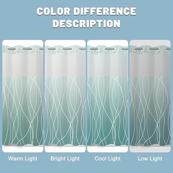 No Hook Ombre Teal Striped Shower Curtain with Snap in Liner Set - Hotel Shower Curtain and Liner Set with See Through Mesh Top Window,Machine Washable, 71x74 INCH