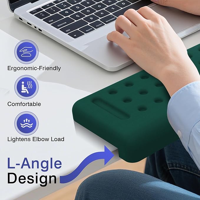L-Shaped Desk Edge Cushion, 2 PCS Elbow Rest for Desk with Ergonomic Support, Memory Foam Elbow Pad & Arm rest for Palm, Wrist & Forearm, Non-slip & Separate Design, Office & Home, Dark Green