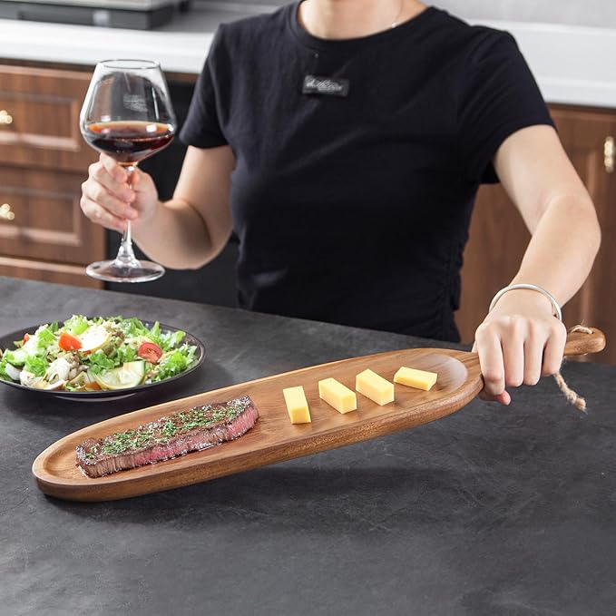 Wooden Serving Tray with Handle 1pcs Serving Plates for Meal Christmas Dinner Plates 16.5" Med-Size Wood Cheese Charcuterie Board for Food Meat Acacia Wood Platers for Bread Appetizer Snack