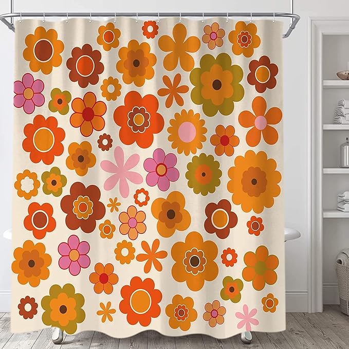 Retro Flowers Shower Curtain, Groovy Brown Orange Sun Flower Vintage 70s Fabric Shower Curtains Set for Bathroom Funky Hippie 1970 Boho Yellow Floral Decoration with Hooks 72 X 78 inch Bath Decor