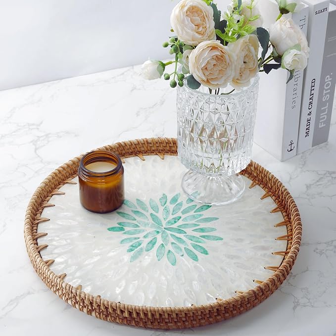 Rattan Serving Tray with Mother of Pearl, Round Coffee Table Tray Decor, Boho Decorative Round Hand-Woven Wicker Home Decor (Summer Green, 12 inch)
