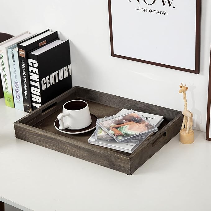 Rustic Distressed Wood Food Breakfast Serving Tray Octagon Serving Tray in Bed with Cutout Carrying Handles Coffee Office Desktop Document Holder Home Kitchen (Rock Grey)