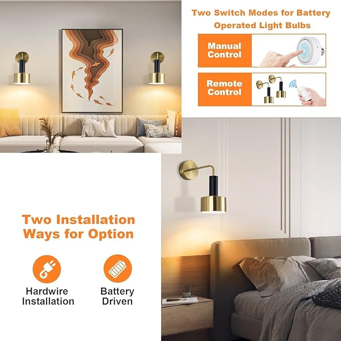 Battery Operated Wall Sconces Set of 2,Gold Wireless Sconce Wall Lighting with Remote Control Indoor,E26 Base Modern Led Wall Lamp Fixtures for Bedroom Living Room Hallway Corridor Porc