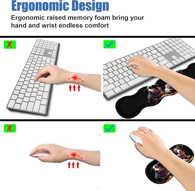 4 in 1 Ergonomic Memory Foam Mouse Pad Wrist Rest Set, Large XXL Gaming Desk Pad + Keyboard Wrist Rest + Mouse Wrist Cushion + Coaster for Home Office Study Gaming, Cute Dog Playing Scooter