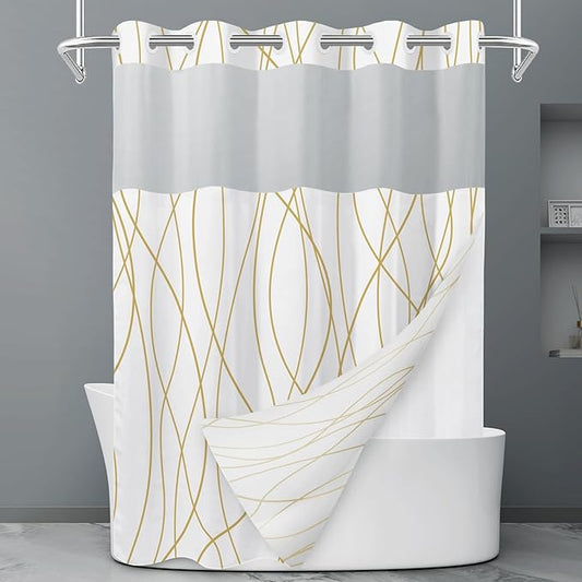 No Hook Gold White Striped Shower Curtain with Snap in Liner Set - Hotel Shower Curtain and Liner Set with See Through Mesh Top Window,Machine Washable, 71x74 INCH