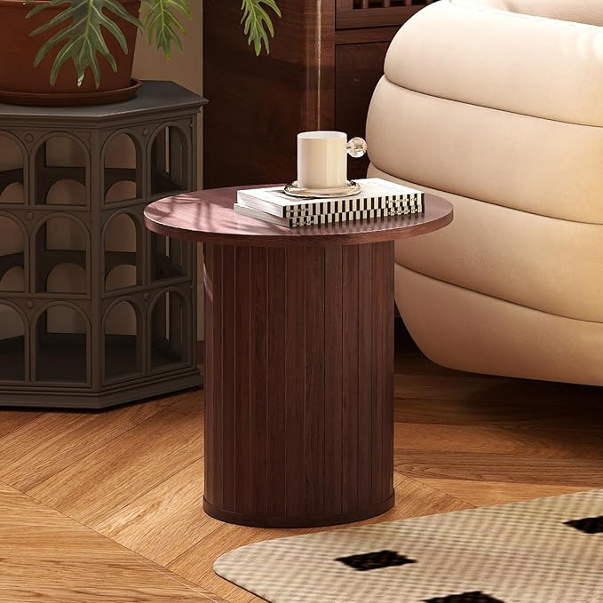 Round Wood Fluted End Table, 15.7“ Circle Farmhouse Side Table Sets for Living Room, Bedroom, Balcony, Small Spaces, Walnut