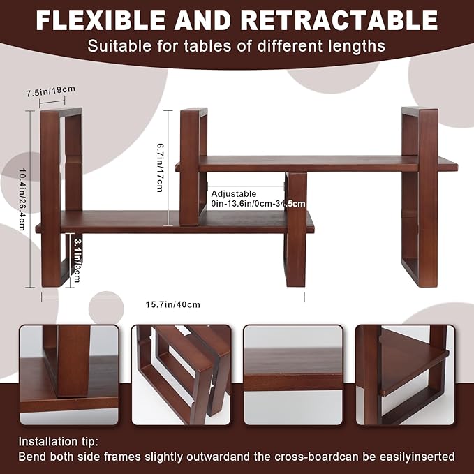 Desk Organizer - Adjustable & No Assembly Needed, Solid Pine Wood, Desktop Shelf Holds up to 130lbs for Office, Books, Bathroom Storage & Organization-Walnut Colour