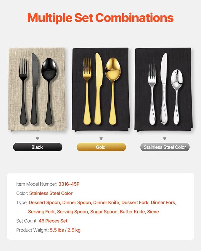 VEVOR 45-Piece Silverware Set, Food-Grade Stainless Steel Flatware Utensils, Mirror Finished Cutlery Set, Dishwasher Safe Eating Tableware for Kitchen Home, Service for 8, Include Knife Fork Spoon