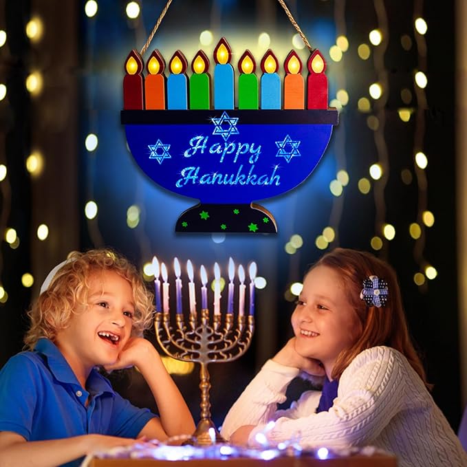 [ Lighted ] Hanukkah Lights Menorah Battery Operated Wooden Happy Hanukkah Door Sign Wreath Blue Lights Star of David for Chanukah Front Door Wall Windows Hanukkah Decorations Jewish Holiday Gifts
