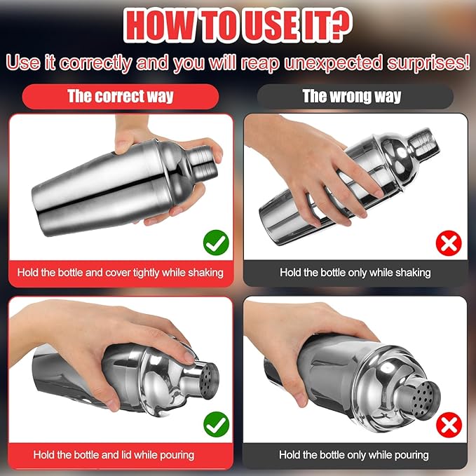 Nitial 9 Pcs Bar Cocktail Shaker Professional Stainless Steel Martini Drink Mixer with Built-in Strainer for Bartending No Leaks Boston Shaker for Bar Party Drink Mixing Tool (25 oz)